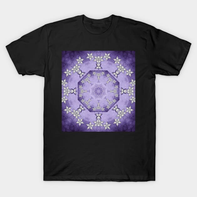 Silver flowers on deep purple textured mandala T-Shirt by hereswendy